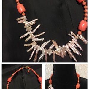 Orange Beaded Necklace With Either Glass or Oyster